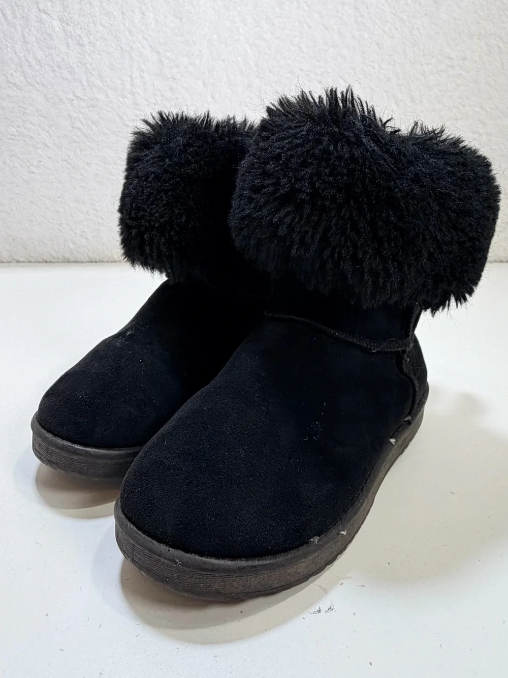 Link Girls Black Faux Suede Faux Fur Winter Boots Rhinestone Pull Tabs Size 11